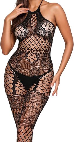 Women's Lace Mesh Bodysuit – One-Piece Stretchy Jumpsuit with Halter Neck, Soft Fishnet Sleepwear, Black in Saudi Arabia