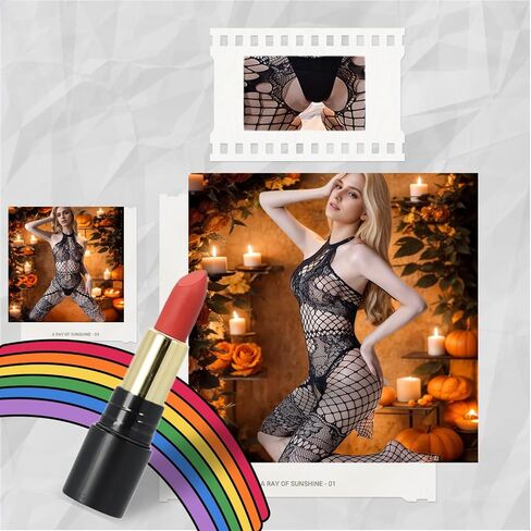 Women's Lace Mesh Bodysuit – One-Piece Stretchy Jumpsuit with Halter Neck, Soft Fishnet Sleepwear, Black in Saudi Arabia