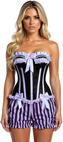 Daisy corsets Women's Daisy Corsets Womens 2 Pc Burlesque Purple/Black Striped Steel Boned Corset & Bloomers - Plus Size in Saudi Arabia