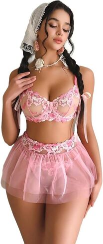 Pink Floral Lace Bralette & Tulle Skirt Set Romantic Lingerie for Women Cute Nightwear Underwear in Saudi Arabia