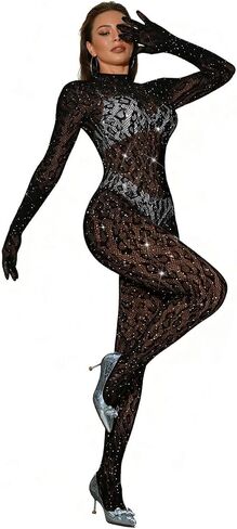 Women Sexy Lace Leopard Jumpsuit, Fishnet Bodysuit Glow Party Club, Mesh Full Body Stocking Rave Outfits in Saudi Arabia