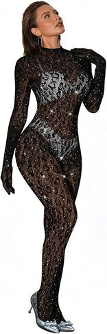 Women Sexy Lace Leopard Jumpsuit, Fishnet Bodysuit Glow Party Club, Mesh Full Body Stocking Rave Outfits in Saudi Arabia