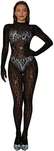 Women Sexy Lace Leopard Jumpsuit, Fishnet Bodysuit Glow Party Club, Mesh Full Body Stocking Rave Outfits in Saudi Arabia