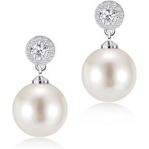 Large 12mm Pearl Drop Earrings, CZ Halo Dangle Earrings for Women, 925 Sterling Silver Post Hypoallergenic Earrings for Wedding Bridesmaid Prom Party in Kuwait