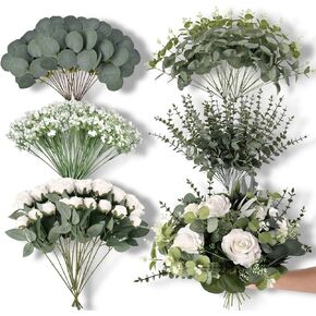 110 Pcs Artificial Eucalyptus Stems and Faux Flowers, 5 Kinds Greenery Stems Bulk, Fake Silver Dollar Eucalyptus Leaves Artificial White Roses for Wedding Decor Vase Centerpieces DIY Bouquet in Saudi Arabia