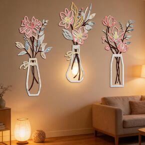Clyfanesy 3 Pcs Metal Flower Wall Art, Rustic Farmhouse Wall Decor, Minimalist Hanging Sculpture for Living Room, Bathroom, Kitchen, Dining Room, Housewarming Gift, Wall Vases Sculptures in Saudi Arabia