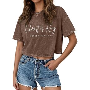 KIEKIECOO Womens Cropped Acid Wash Tshirt Vintage Christian Graphic Crop Tops Tees Oversized Christ is King Faith Gifts Shirt in Saudi Arabia