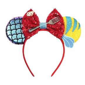 bianbaistar Mermaid Style Mouse Ears Headband, Red Sequin Bow with Seashell Fork Decor, Stretchy Lightweight Hair Hoop for Adults & Women, Ocean Theme Accessory for Theme Park Party Cosplay in Saudi Arabia