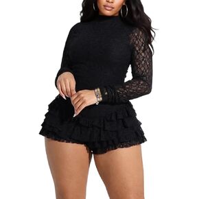 Women's Sexy Lace Jumpsuit Long Sleeve Backless Bodycon Shorts Romper Ruffle One Piece Outfit Y2k Clubwear in Saudi Arabia