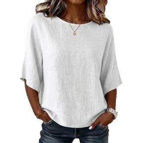 Linen Tops for Women Summer Half Sleeve Loose Fit Pullover Blouses Round Neck Lightweight Vacation Beach Shirts in Saudi Arabia