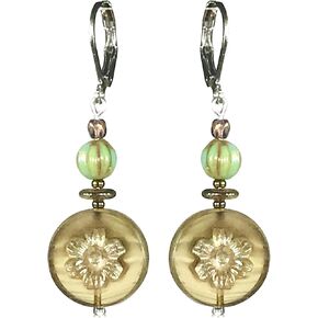 CariCat Designs Handmade Boho Chic Etched Silver/Gold Flower on Czech Glass Medallion with Turquoise Vintage Wash Czech Glass Beaded Drop Dangle Earrings - French Wire Lever Backs in Saudi Arabia