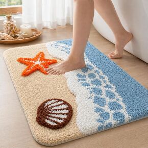 Beach Bathroom Rug 20 x 32 Inch, Coastal Ocean Wave Bath Mat with Starfish and Seashell Design, Soft Absorbent Plush Rug with Textured Backing for Tub, Shower, Sink, Vanity Floor Decor in Saudi Arabia
