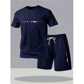 Men's Letter Print Two-Piece Set Round Neck Short-Sleeved T-Shirt and Drawstring Shorts Summer Casual Sportswear in Kuwait