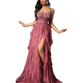 Women's Sequin Tulle Prom Dresses Summer Formal Evening Gown Spaghetti Wedding Bridesmaid Party Cocktail Maxi Dress in Saudi Arabia