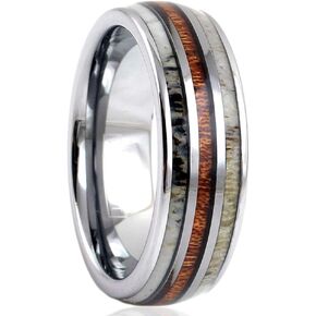 Magnificent Mirror Polished Silver 6mm/8mm Tungsten Carbide Dome Band Ring w/Koa Wood Between 2 Beautiful Deer Antler Inlays feat. Comfort Fit Inner Band. in Saudi Arabia