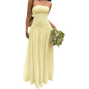 Milumia Women's Strapless A Line Bandeau Maxi Dress Summer Casual Ruched Long Dresses in Kuwait
