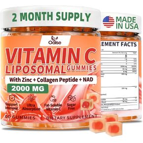 2000mg Liposomal Vitamin C Gummies for Adults, Elderberry Vitamin C and Zinc, NAD, Elderberry, for Immune Support Supplement, Sugar Free, 60 Counts, Orange Flavor in Saudi Arabia