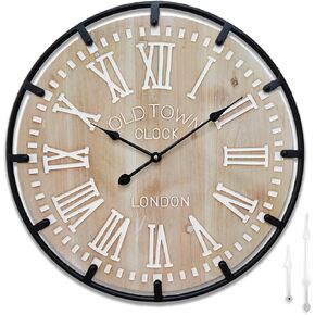 Large Farmhouse Rustic Wooden Wall Clock with Metal Frame and Large Engraved Numbers，Oversized Silent Retro Metal Wood Face Decorative Clock for Office Kitchen Bedroom Living Room (White, 24 inch) in Saudi Arabia