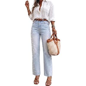 Rhinestone Jeans Mid Rise Straight Leg Embellished Light Wash Women's Denim Pants for Concert & Party Outfits in Saudi Arabia