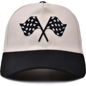 Racing Car Flag Trucker Hat, Embroidered Adjustable Checkered Flags Vintage Baseball Caps Snapback Beige in Saudi Arabia