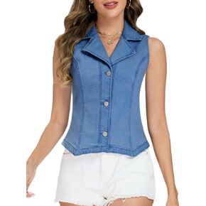 D-Sun Denim Vest Women Sleeveless Lapel Collar Button Down Waistcoat Blazer Jean Vest Summer Top in Saudi Arabia