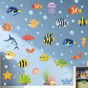 Ocean Wall Decals 6 Sheets Under the Sea Wall Decals Colorful Fish, Turtles, Jellyfish & Marine Animals Stickers, Removable Peel-and-Stick PVC Art for Bathroom, Bedroom, Living Room Summer Decor in Saudi Arabia