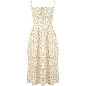 Womens Summer Dresses 2026 Floral Corset Milkmaid Sundress, Cute Smocked Flowy Boho Casual Midi Dress with Pocket in Kuwait