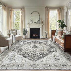 AMADA HOMEFURNISHING Grey 8x10 Area Rug, Washable Low-Profile Large Area Rug with Non-Slip Backing & Durable Edge Binding, Vintage Large Rugs for Living Room, Bedroom in Saudi Arabia