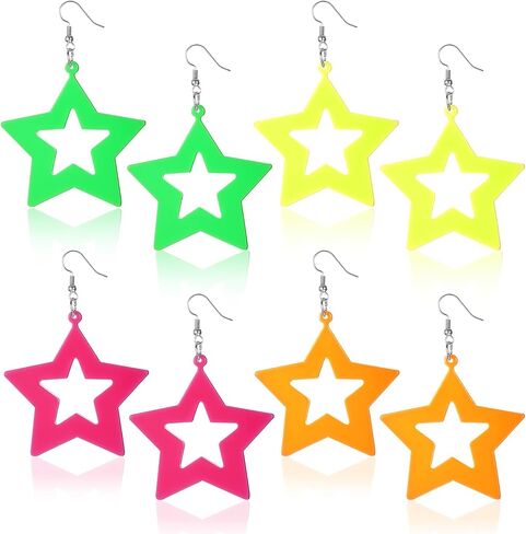 4 Pairs Neon Star Earrings for Women, Colorful Retro 80s Earrings for Women, 80s 90s Costume Neon Party Accessories for Music Festivals Dancing Themed Parties in Saudi Arabia