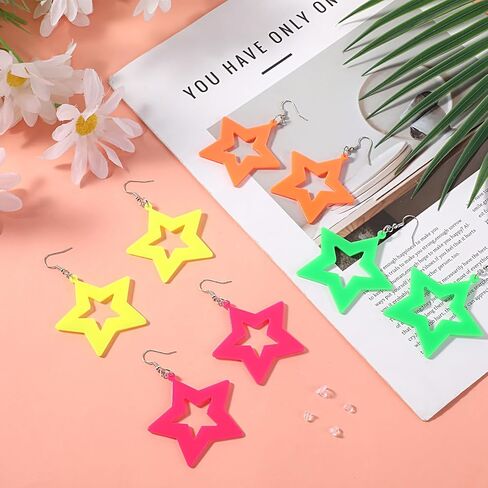 4 Pairs Neon Star Earrings for Women, Colorful Retro 80s Earrings for Women, 80s 90s Costume Neon Party Accessories for Music Festivals Dancing Themed Parties in Saudi Arabia