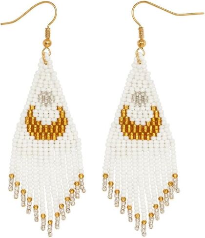 Bohemian Beaded Long Tassel Dangle Earrings for Women, Handmade Jewelry White Tarnish Resistant Lightweight Design, Stylish Accessory for Beach Vacation Party and Gift in Kuwait
