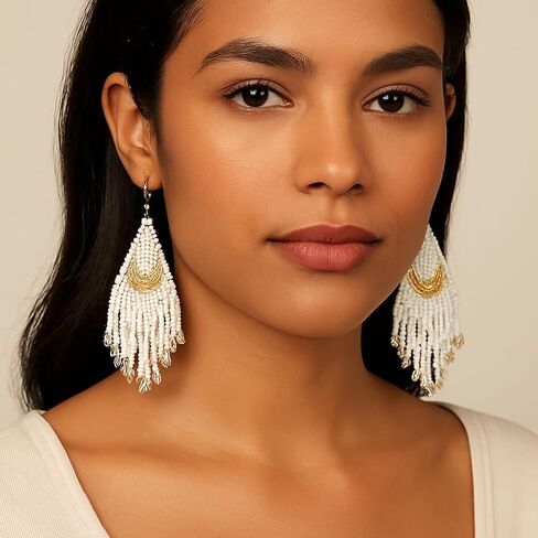 Bohemian Beaded Long Tassel Dangle Earrings for Women, Handmade Jewelry White Tarnish Resistant Lightweight Design, Stylish Accessory for Beach Vacation Party and Gift in Kuwait
