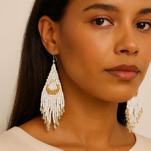 Bohemian Beaded Long Tassel Dangle Earrings for Women, Handmade Jewelry White Tarnish Resistant Lightweight Design, Stylish Accessory for Beach Vacation Party and Gift in Kuwait