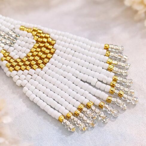 Bohemian Beaded Long Tassel Dangle Earrings for Women, Handmade Jewelry White Tarnish Resistant Lightweight Design, Stylish Accessory for Beach Vacation Party and Gift in Kuwait