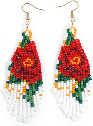 Bohemian Beaded Long Tassel Dangle Earrings for Women, Handmade Jewelry White Tarnish Resistant Lightweight Design, Stylish Accessory for Beach Vacation Party and Gift in Kuwait