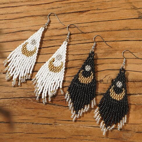Bohemian Beaded Long Tassel Dangle Earrings for Women, Handmade Jewelry White Tarnish Resistant Lightweight Design, Stylish Accessory for Beach Vacation Party and Gift in Kuwait