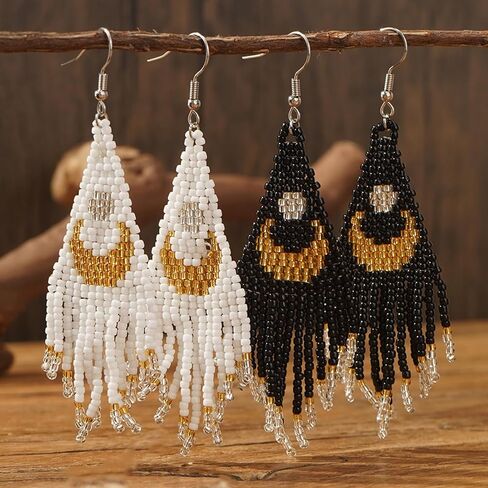 Bohemian Beaded Long Tassel Dangle Earrings for Women, Handmade Jewelry White Tarnish Resistant Lightweight Design, Stylish Accessory for Beach Vacation Party and Gift in Kuwait