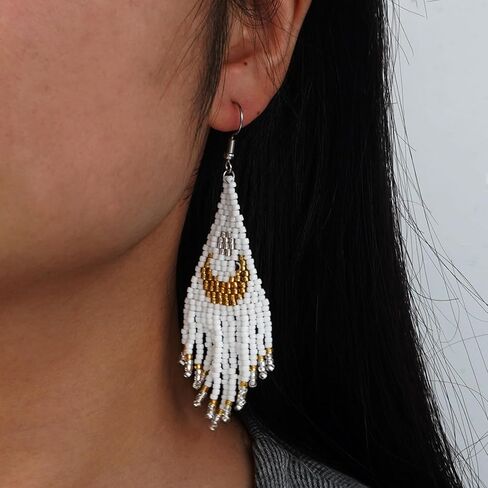 Bohemian Beaded Long Tassel Dangle Earrings for Women, Handmade Jewelry White Tarnish Resistant Lightweight Design, Stylish Accessory for Beach Vacation Party and Gift in Kuwait
