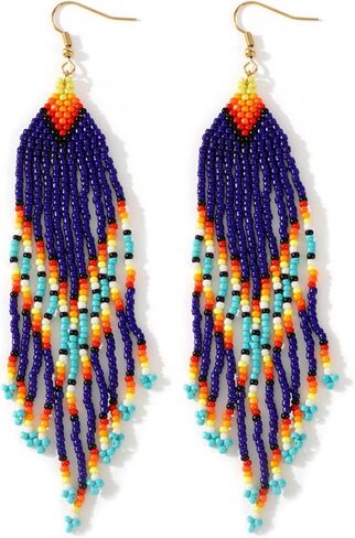 Bohemian Beaded Long Tassel Dangle Earrings for Women, Handmade Jewelry White Tarnish Resistant Lightweight Design, Stylish Accessory for Beach Vacation Party and Gift in Kuwait
