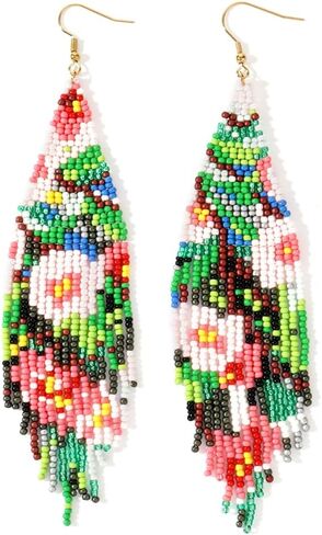 Bohemian Beaded Long Tassel Dangle Earrings for Women, Handmade Jewelry White Tarnish Resistant Lightweight Design, Stylish Accessory for Beach Vacation Party and Gift in Kuwait