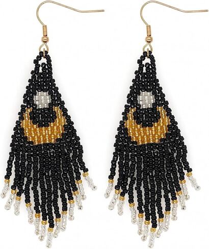 Bohemian Beaded Long Tassel Dangle Earrings for Women, Handmade Jewelry White Tarnish Resistant Lightweight Design, Stylish Accessory for Beach Vacation Party and Gift in Kuwait