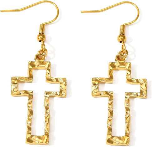 Gold Hollow Hammered Cross Dangle Earrings for Women Everyday Jewelry | Metal,large,silver,textured,openwork,lightweight,dainty,statement,minimalist,baptism,gifts,party,prom,daily,holiday,hook in Saudi Arabia