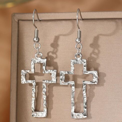 Gold Hollow Hammered Cross Dangle Earrings for Women Everyday Jewelry | Metal,large,silver,textured,openwork,lightweight,dainty,statement,minimalist,baptism,gifts,party,prom,daily,holiday,hook in Saudi Arabia