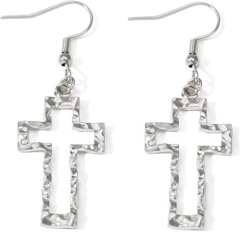 Gold Hollow Hammered Cross Dangle Earrings for Women Everyday Jewelry | Metal,large,silver,textured,openwork,lightweight,dainty,statement,minimalist,baptism,gifts,party,prom,daily,holiday,hook in Saudi Arabia