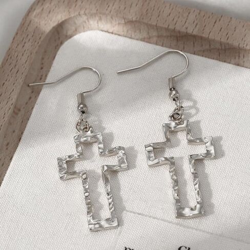 Gold Hollow Hammered Cross Dangle Earrings for Women Everyday Jewelry | Metal,large,silver,textured,openwork,lightweight,dainty,statement,minimalist,baptism,gifts,party,prom,daily,holiday,hook in Saudi Arabia