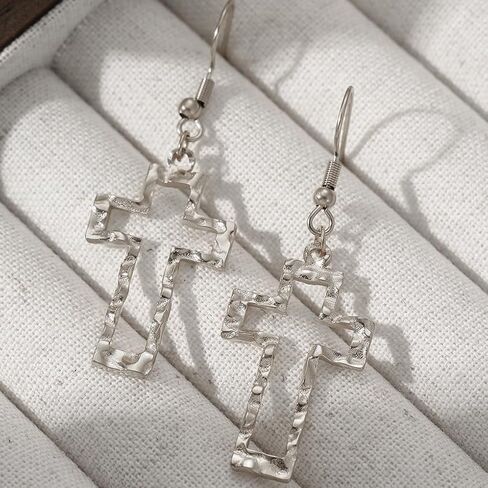 Gold Hollow Hammered Cross Dangle Earrings for Women Everyday Jewelry | Metal,large,silver,textured,openwork,lightweight,dainty,statement,minimalist,baptism,gifts,party,prom,daily,holiday,hook in Saudi Arabia