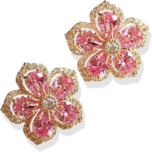 Handmade Chic Boho Pink Rhinestone Flower Statement Stud Earrings with Gold Flower Bud for Women Sister Mom Lover and Friends in Saudi Arabia