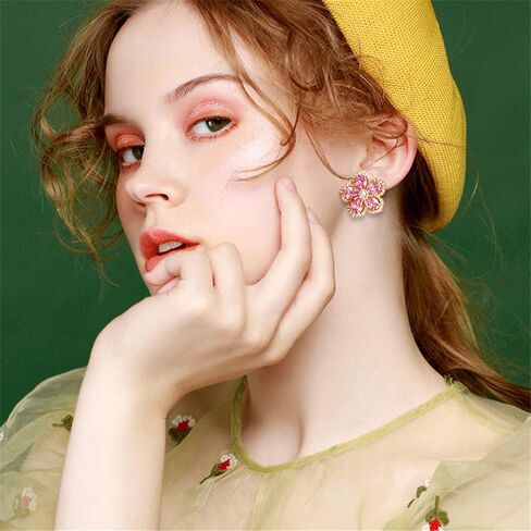 Handmade Chic Boho Pink Rhinestone Flower Statement Stud Earrings with Gold Flower Bud for Women Sister Mom Lover and Friends in Saudi Arabia