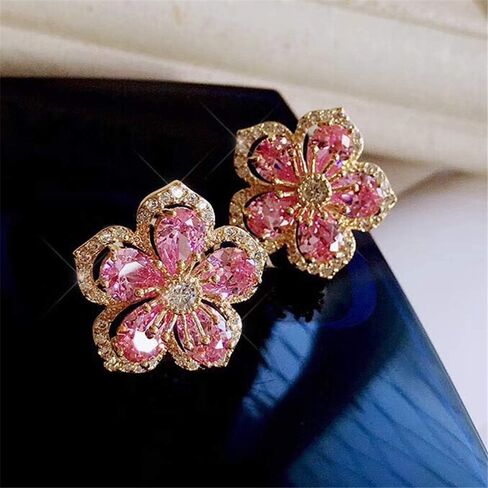 Handmade Chic Boho Pink Rhinestone Flower Statement Stud Earrings with Gold Flower Bud for Women Sister Mom Lover and Friends in Saudi Arabia
