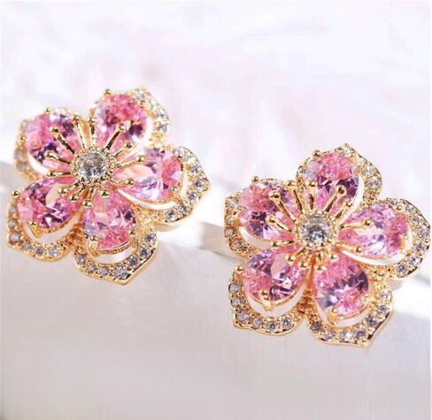 Handmade Chic Boho Pink Rhinestone Flower Statement Stud Earrings with Gold Flower Bud for Women Sister Mom Lover and Friends in Saudi Arabia
